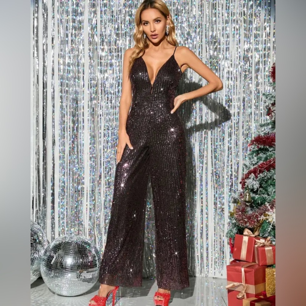 Elegant Black Sleeveless Wide Leg Sequin V-Neck Jumpsuit